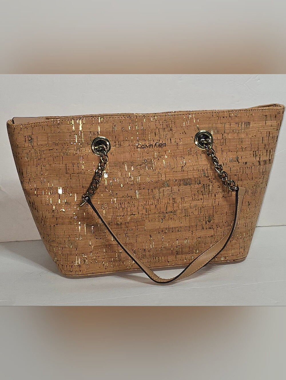 Calvin Klein Exterior Cork Shoulder Tote Handbag Purse Gold Chain